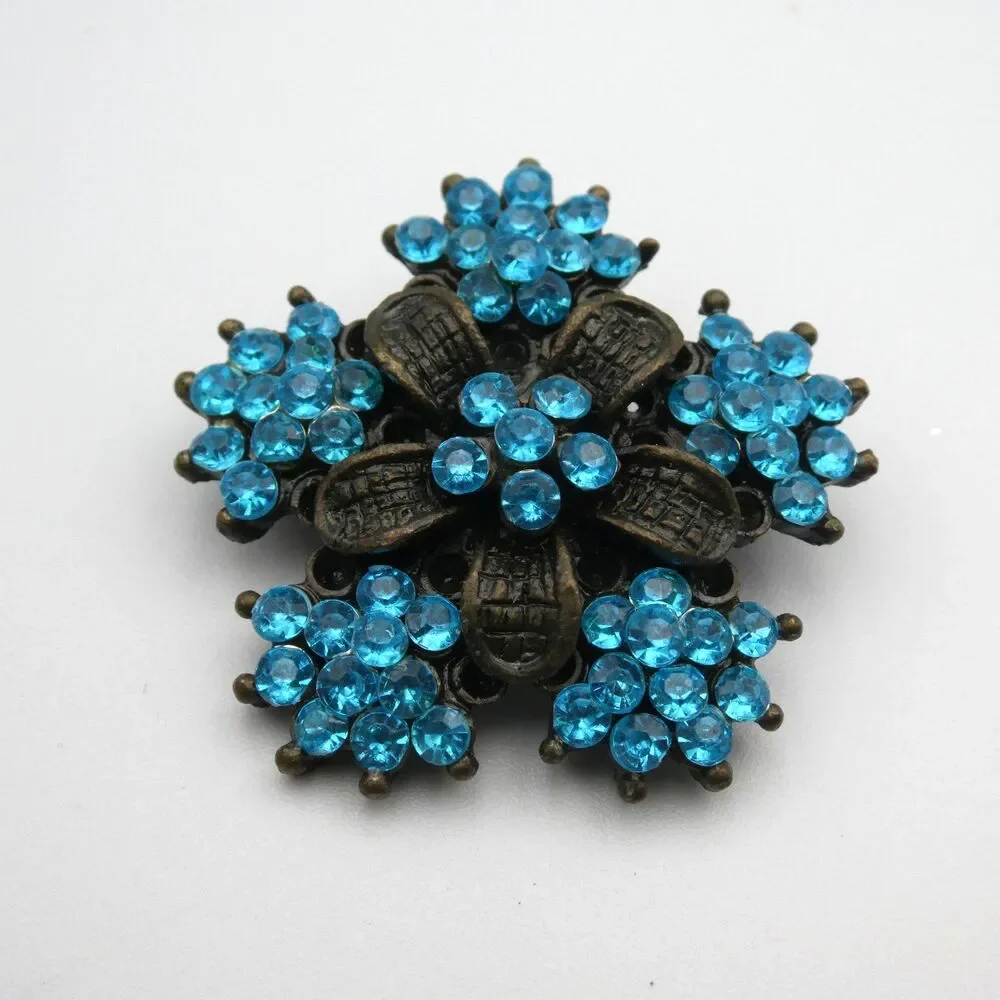 Vintage Antique Bronze Floral Brooch Aquamarine Blue Rhinestone Cluster Pin 1.5
